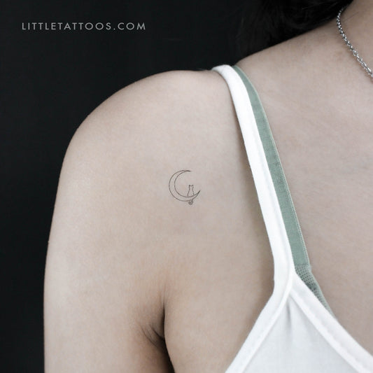 One Line Cat On The Moon Temporary Tattoo - Set of 3