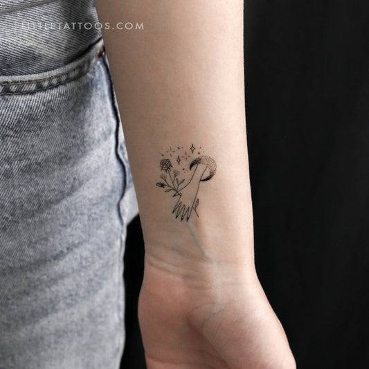 Flower Holding Moon Hand Temporary Tattoo by Tukoi - Set of 3
