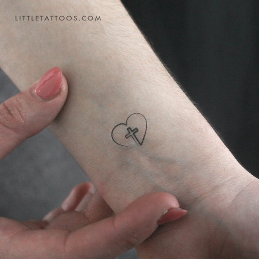 Single Line Heart And Cross Temporary Tattoo - Set of 3