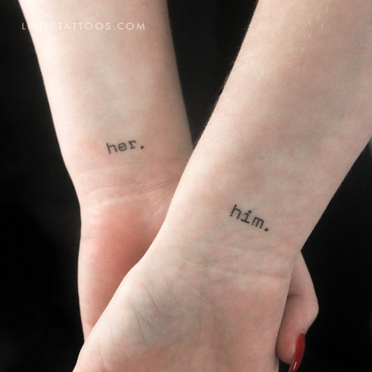 Matching 'him.' & 'her.' Temporary Tattoos - Set of 3+3