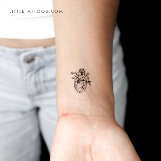 Tatuaje temporal de corazón humano con flor - Juego de 3