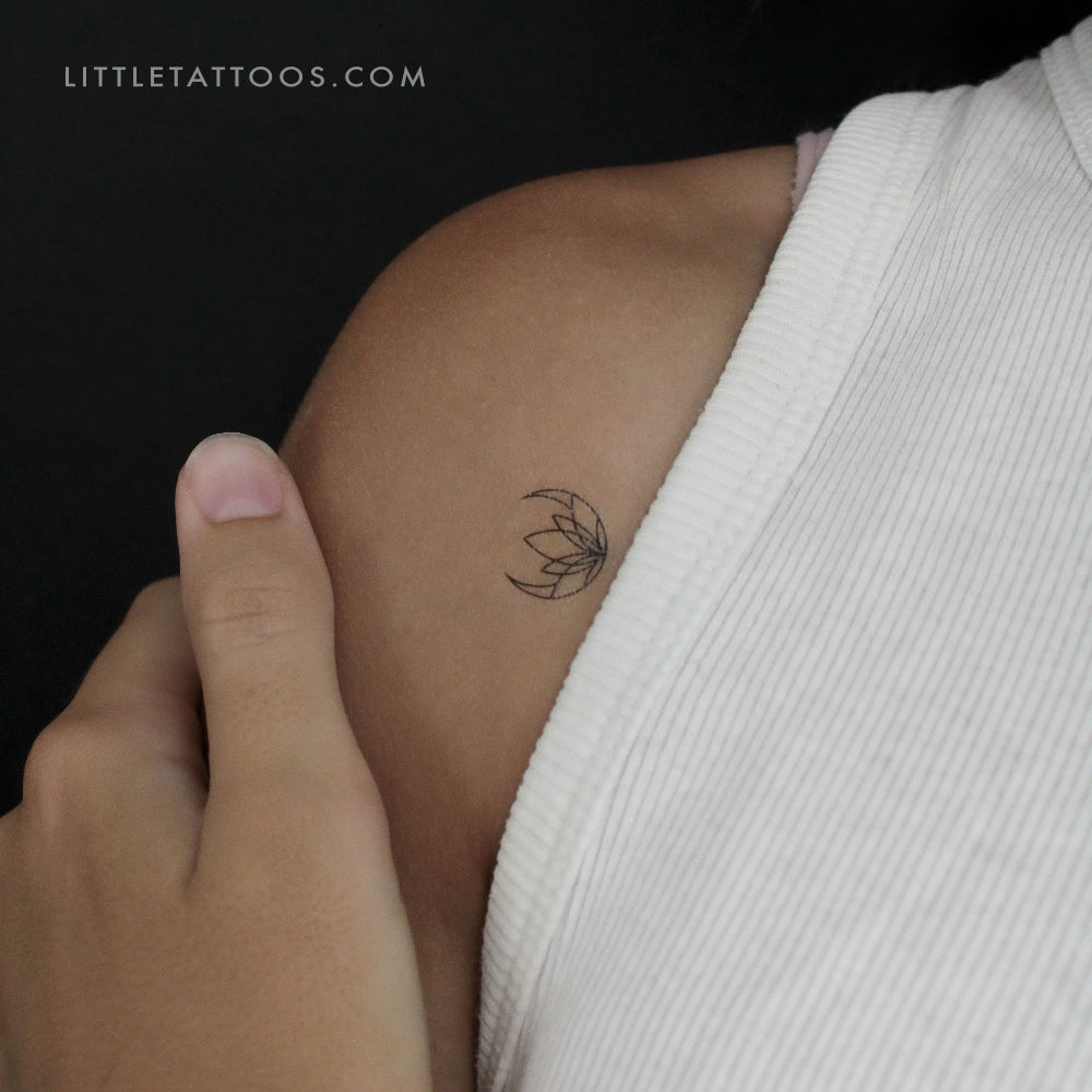 Crescent Moon Lotus Flower Temporary Tattoo - Set of 3
