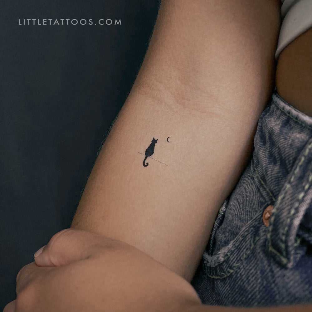 Cat Looking at Moon Temporary Tattoo - Set of 3