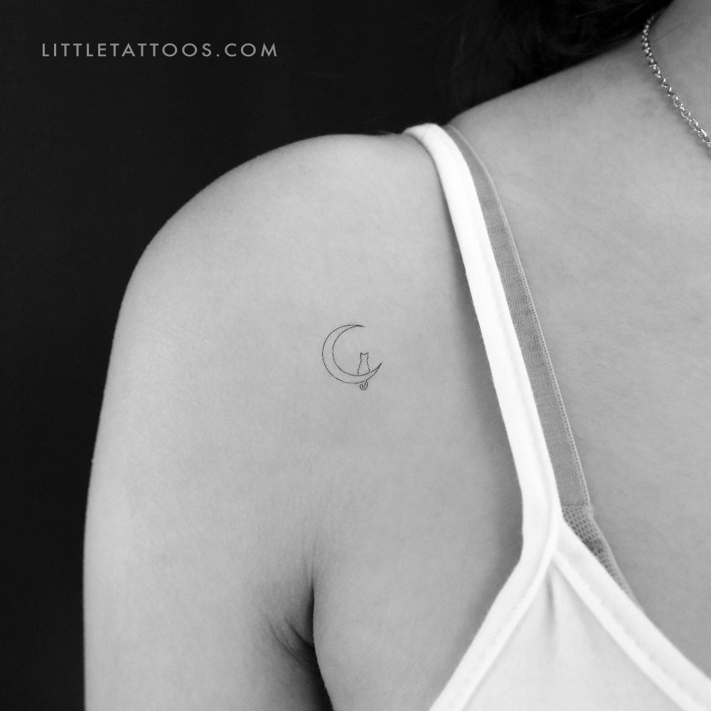One Line Cat On The Moon Temporary Tattoo - Set of 3