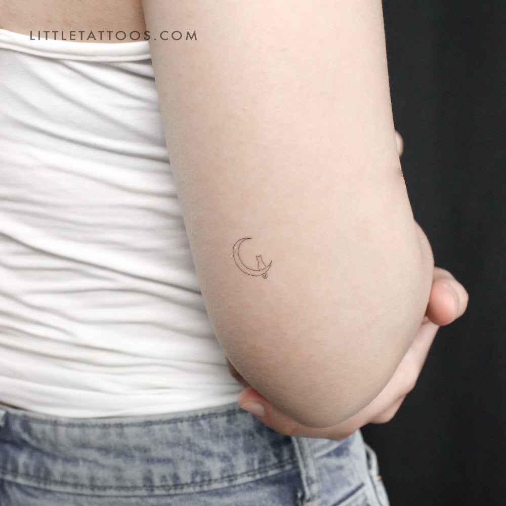 One Line Cat On The Moon Temporary Tattoo - Set of 3