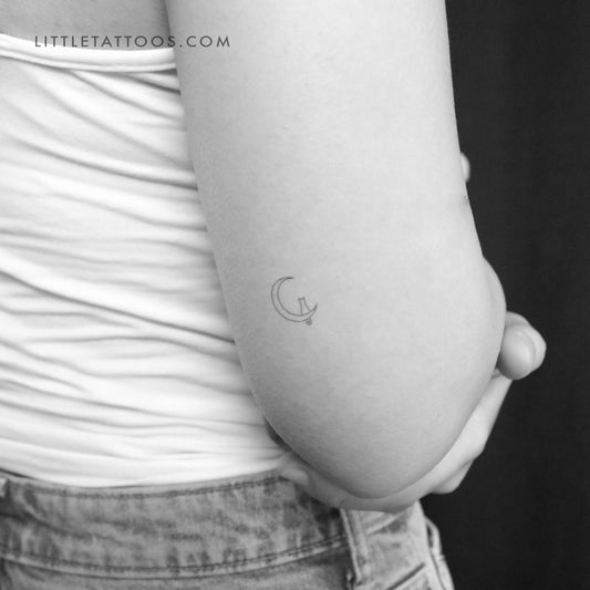 One Line Cat On The Moon Temporary Tattoo - Set of 3