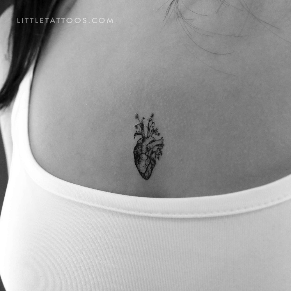 Tatuaje temporal de corazón anatómico floral (juego de 3)