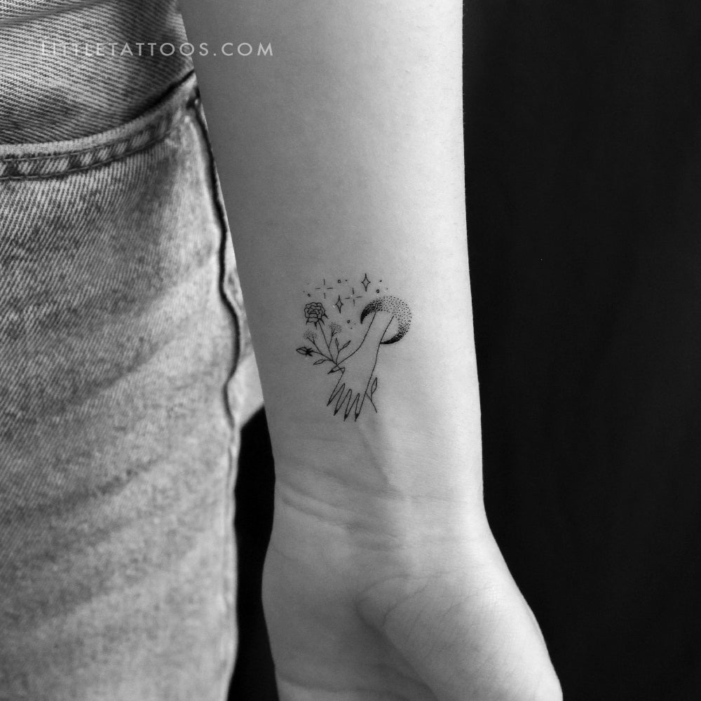 Flower Holding Moon Hand Temporary Tattoo by Tukoi - Set of 3