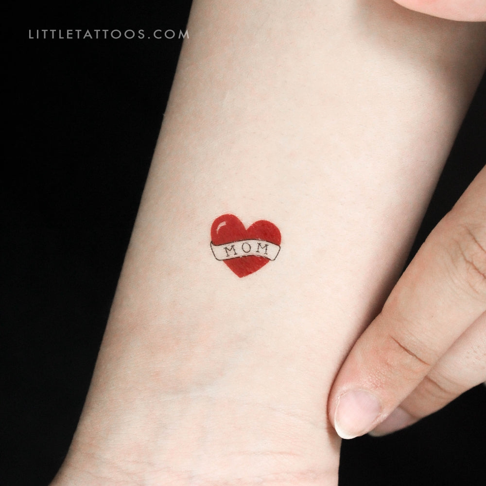 Small Heart with Mom Banner Temporary Tattoo - Set of 3