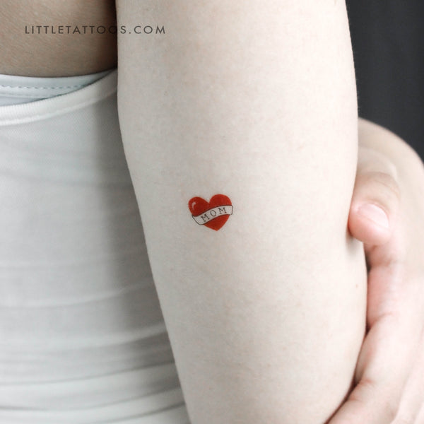 Small Heart with Mom Banner Temporary Tattoo - Set of 3