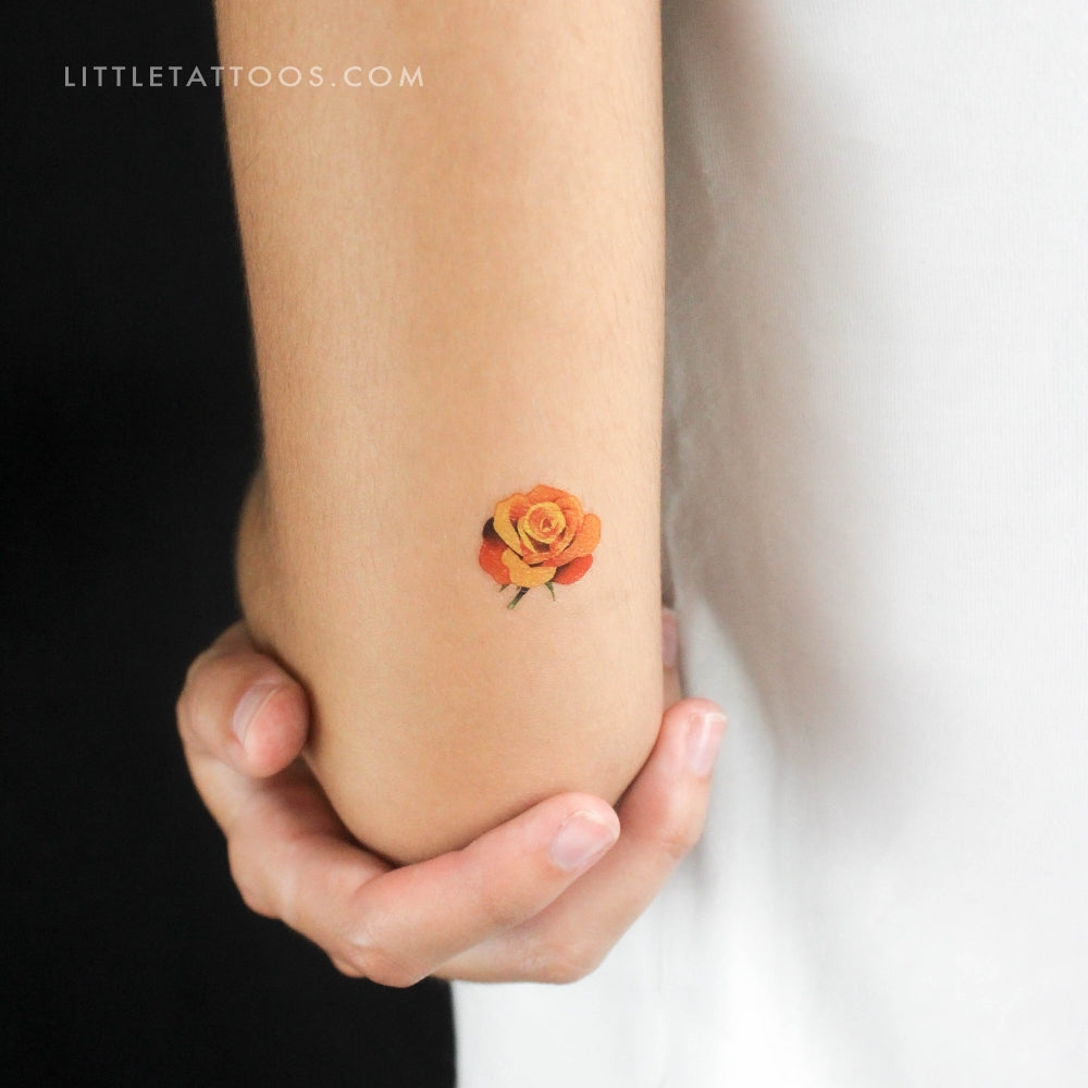 Small Orange Rose Head Temporary Tattoo - Set of 3