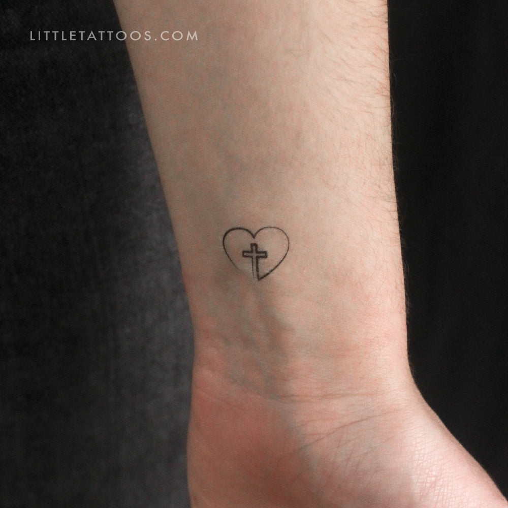 Single Line Heart And Cross Temporary Tattoo - Set of 3