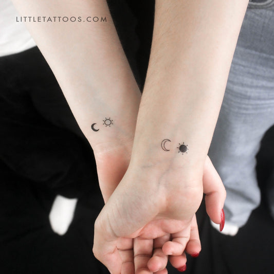 Tatuaje temporal de pareja de sol y luna a juego (juego de 3)