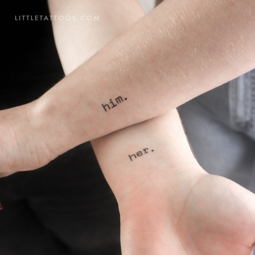 Matching 'him.' & 'her.' Temporary Tattoos - Set of 3+3