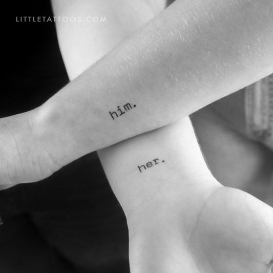 Matching 'him.' & 'her.' Temporary Tattoos - Set of 3+3