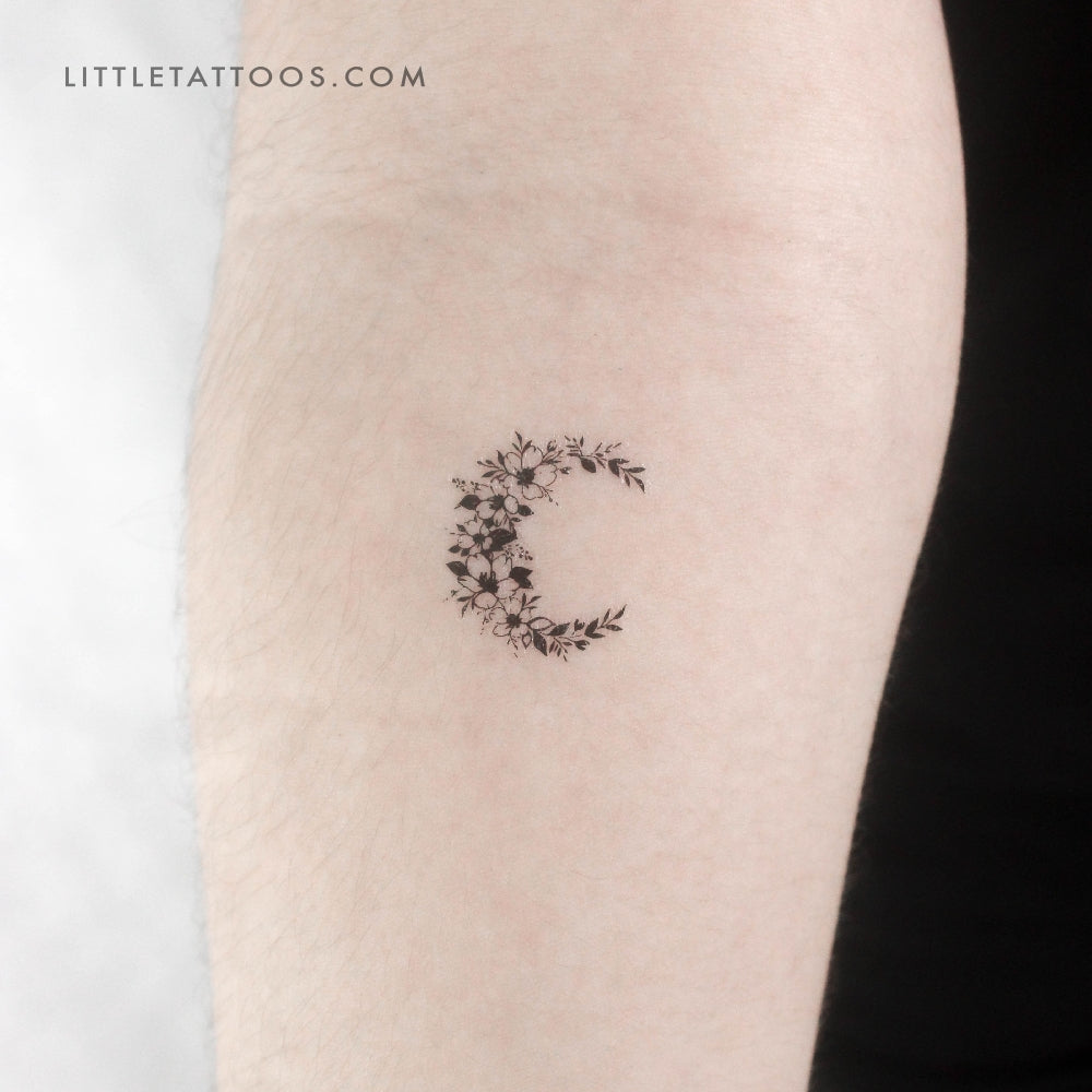 Tatuaje temporal de luna creciente con flores pequeñas - Juego de 3