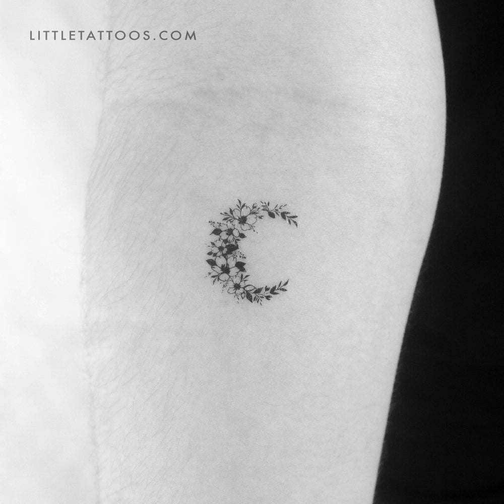 Tatuaje temporal de luna creciente con flores pequeñas - Juego de 3