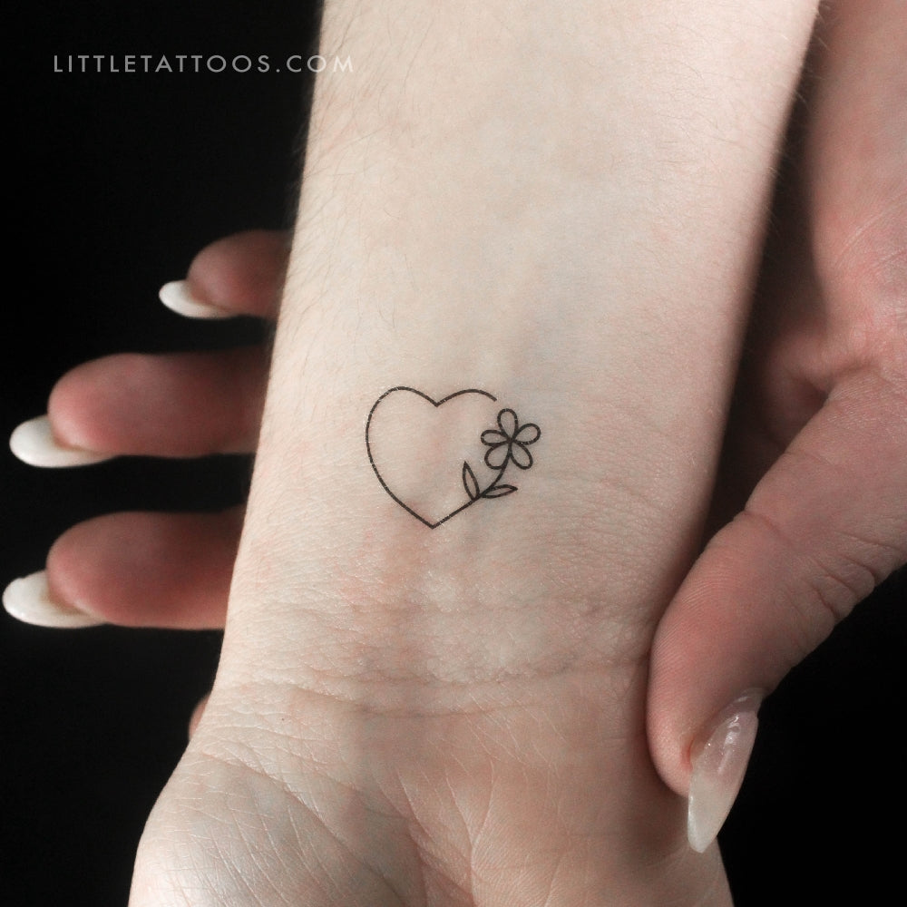 Minimal Heart and Flower Temporary Tattoo - Set of 3