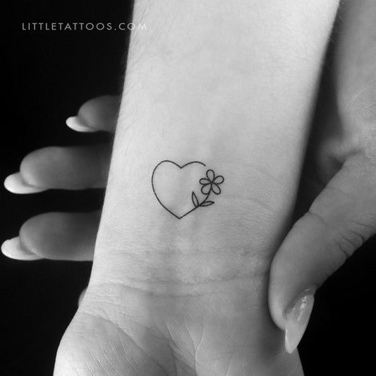 Tatuaje temporal minimalista de corazón y flor (juego de 3)