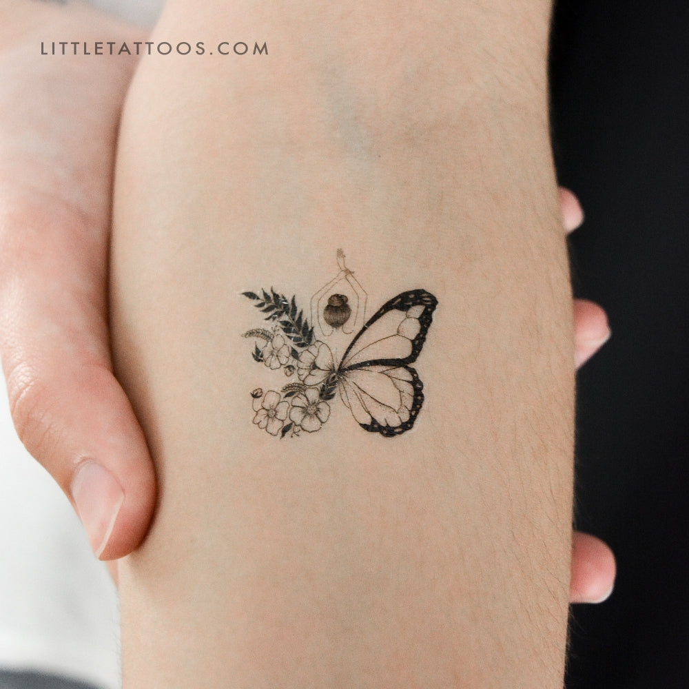 Half Flower Half Butterfly Woman Temporary Tattoo - Set of 3