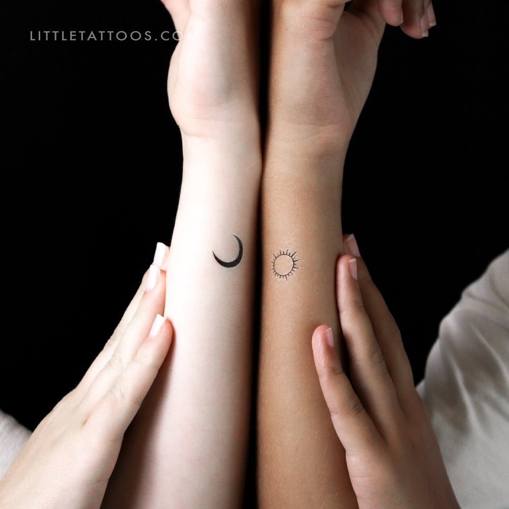 Tatuaje temporal minimalista de luna y sol a juego (juego de 3)