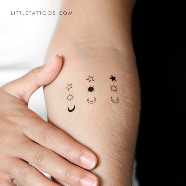 Matching Crescent Sun And Star Temporary Tattoo - Set of 3+3+3