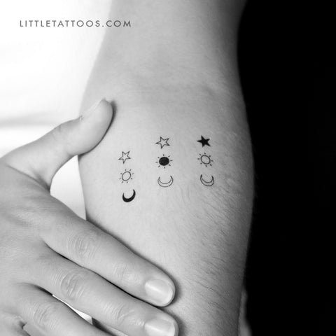 Matching Crescent Sun And Star Temporary Tattoo - Set of 3+3+3
