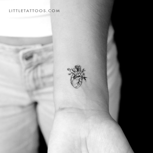 Tatuaje temporal de corazón humano con flor - Juego de 3