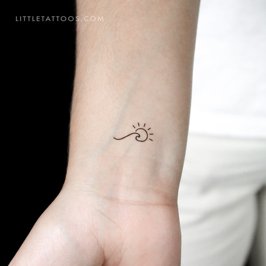 Tatuaje temporal minimalista de ola y sol (juego de 3)