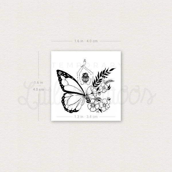 Half Flower Half Butterfly Woman Temporary Tattoo - Set of 3