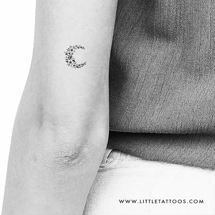 Tatuaje temporal de luna creciente con flores pequeñas - Juego de 3