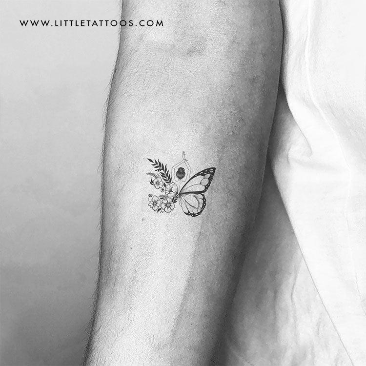 Half Flower Half Butterfly Woman Temporary Tattoo - Set of 3