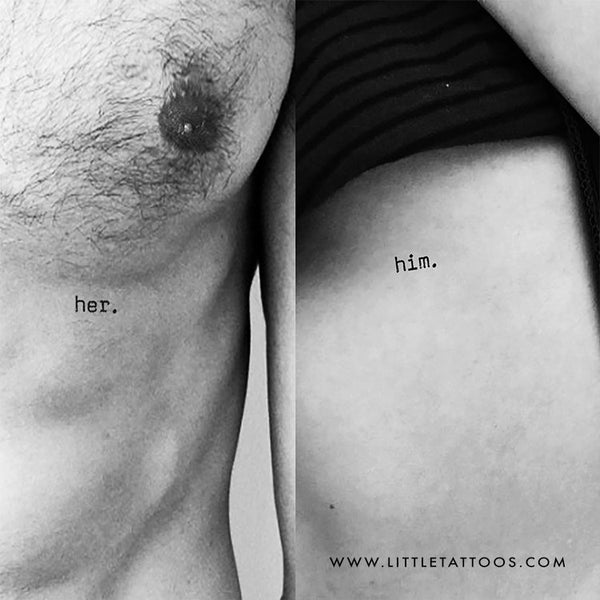 Matching 'him.' & 'her.' Temporary Tattoos - Set of 3+3