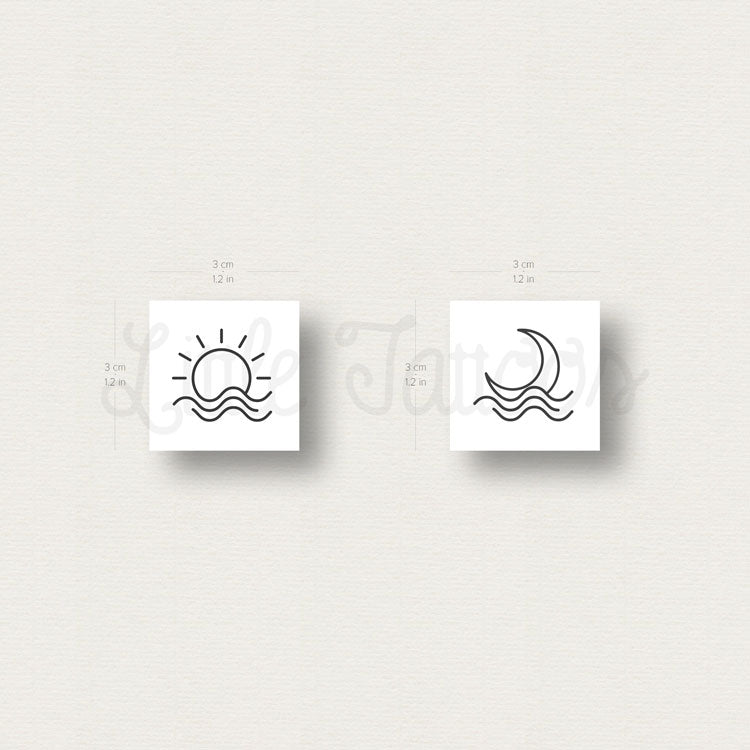 Matching Sea Moonset And Sunset Temporary Tattoos - Set of 3+3