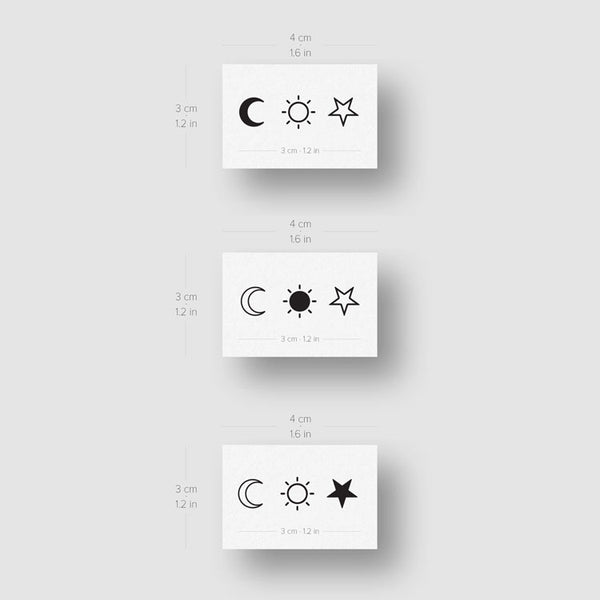Matching Crescent Sun And Star Temporary Tattoo - Set of 3+3+3