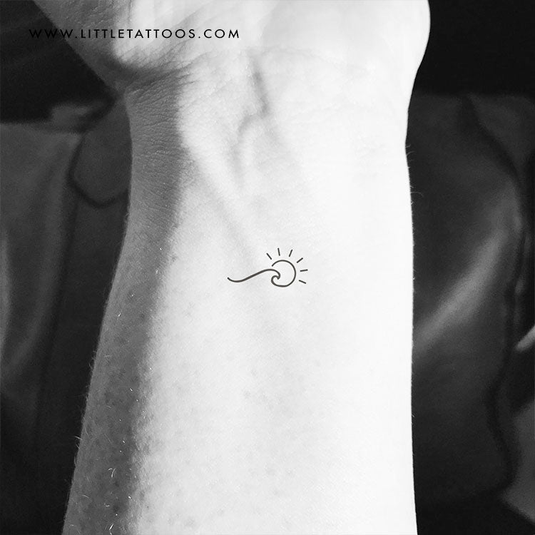Tatuaje temporal minimalista de ola y sol (juego de 3)